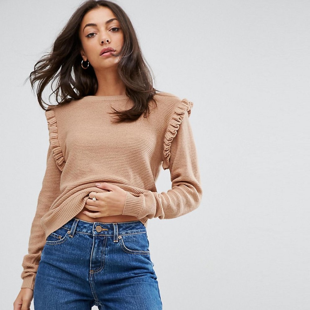 Brave Soul Camel Sweater Ruffle Shoulder Frill